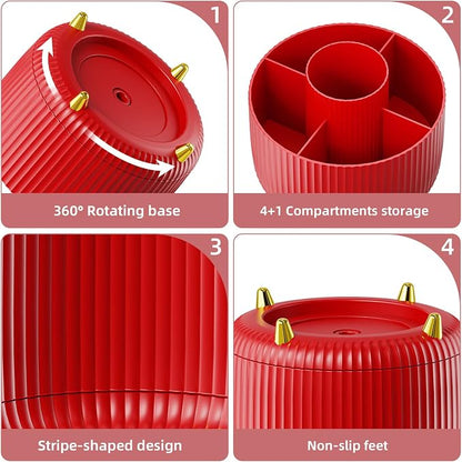 Marbrasse Desk Organizer, 360-Degree Rotating Pen Holder for Desk, Desk Organizers and Accessories with 5 Compartments Pencil Organizer, Art Supply Storage Box Caddy for Office, Home (Red)