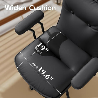 Black Leather Office Chair with Triple-Layer Seat, Home Desk Chair | Comfy 7.3-inch Thick Cushion, Mid Back Ergonomic Support for Long Hours, Smooth Silent Wheels, Mid-Century Vintage Style