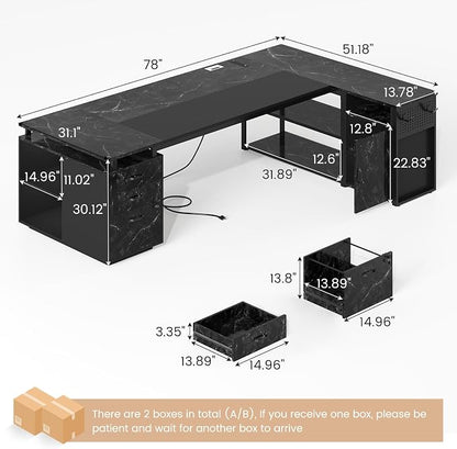 78" Executive Desk with Lockable File Cabinet, L Shaped Office Desk with Power Outlets, Large Executive Desk with Drawers and Storage Shelves, Reversible Computer Desk, Marble Grain