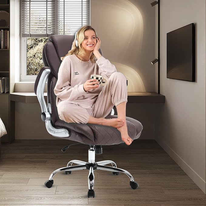 Leather Executive Office Chair, Big and Tall High Back Ergonomic Desk Chairs with Wheels, 90-120° Rocking Managerial Home Computer Chairs with Flip up Arms and Lumbar Support, Dark Brown