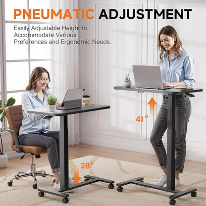 GTPLAYER Small Standing Desk with Lockable Wheels, Pneumatic Mobile Rolling Laptop Desk,Adjustable Height Overbed Bedside Table Computer Workstation for Home Office (28" W x 16" D, Black)