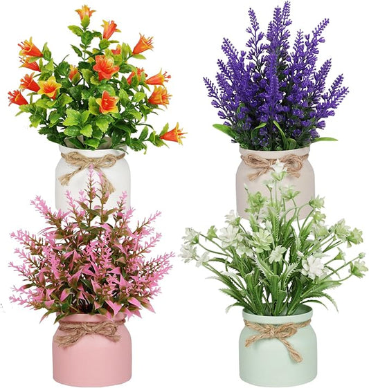Yoratee 4pcs Artificial Pot Flowers Small Fake Plants with Pot Mini Potted Plants for House Office Tabletop Decoration