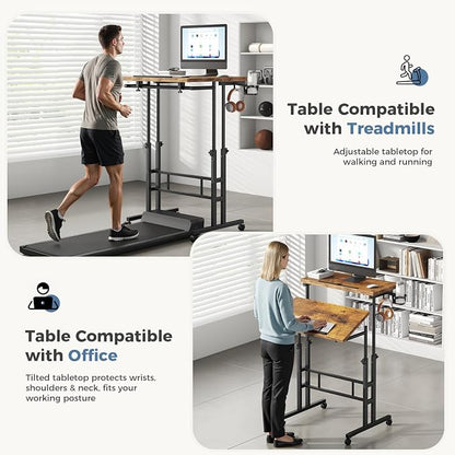 DUMOS Split Top Rolling Standing Desk 23.6 Inch Mobile Laptop Workstation Manual Height Adjustable Sit Stand Office Table Walking Pad Study Surface Portable Home Office Computer Cart Rustic Brown
