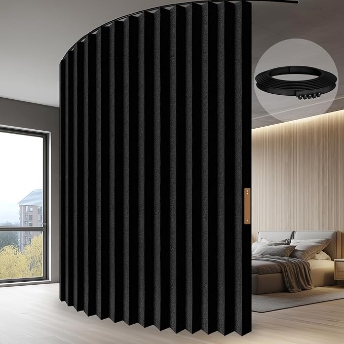 JILRON Accordion-Style Room Divider with Ceiling Track - Foldable Partition Curtain, Easy Installation(Black 100" W x 108" L-Pack of 1)