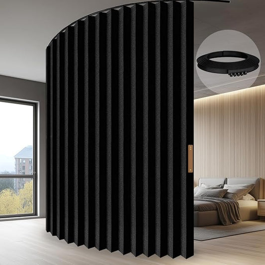 JILRON Accordion-Style Room Divider with Ceiling Track - Foldable Partition Curtain, Easy Installation(Black 180" W x 84" L-Pack of 1)