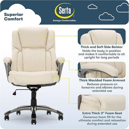 Serta Garret Executive Office Chair, Ergonomic Mid-Back with Lumbar Support, Semi-Plush Cushion and Body Pillows, Padded Armrests, Swivel Base, Bonded Leather, Ivory White
