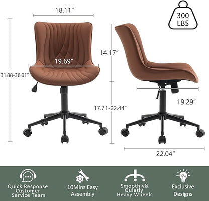 YOUTASTE Coffee Brown Office Chair Modern Armless Desk Chair with Wheels Adjustable Swivel Rocking Rolling Computer Study Chairs Faux Leather Sewing Chairs with Back Stylish Vanity Chair