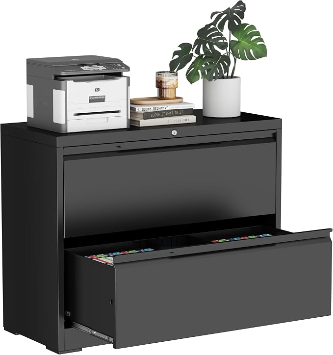 Lateral File Cabinet, 2 Drawer Metal File Cabinet with Lock, Lateral Filing Cabinet for Home Office, Office Organization Cabinet for Letter/Legal/F4/A4 Size,Black