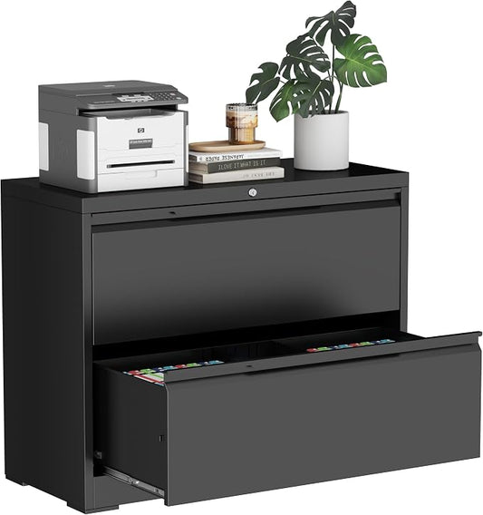 Lateral File Cabinet, 2 Drawer Metal File Cabinet with Lock, Lateral Filing Cabinet for Home Office, Office Organization Cabinet for Letter/Legal/F4/A4 Size,Black