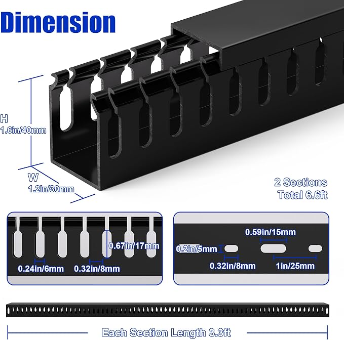 ZhiYo H1.6 x W1.2in Cable Raceway, 6.6ft (2xL3.3ft) Server Rack Cable Management Under Desk Cord Organizer, Electrical Safe PVC Cable Channel Open Slot Wire Raceway for Network/PC/TVs, Wire Duct Black