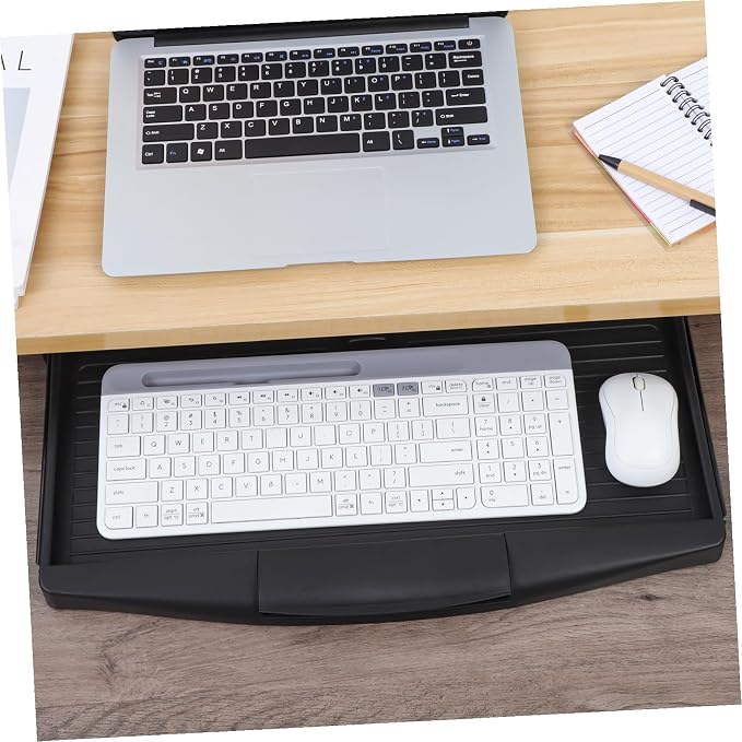 TEHAUX Under-Desk Keyboard Tray 20.67×9.06 in – Adjustable Slide-Out Drawer & Rotating Mouse Platform, Ergonomic Wrist Relief, Hidden Storage for Home Office & Gaming Desks