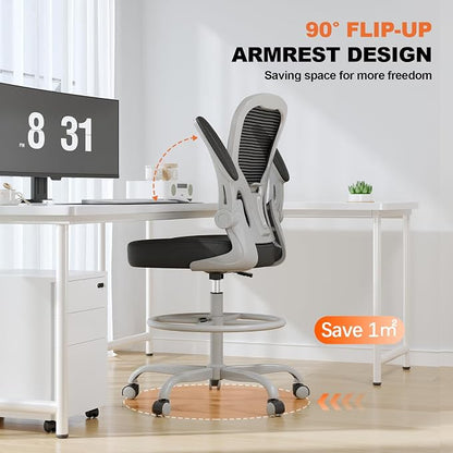 Synorla Ergonomic Drafting Chair, Tall Mesh Office Chair with Flip-up Armrests, Lumbar Support Adjustable Footrest Ring for Standing Desk Gray Pink