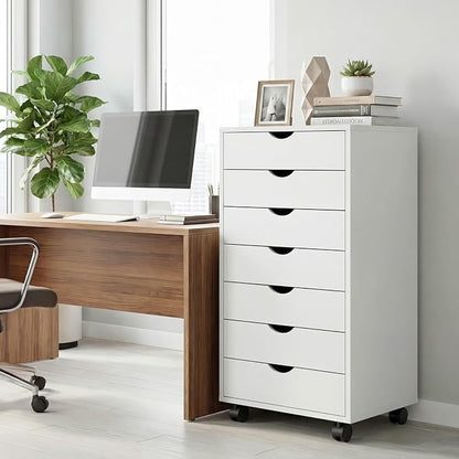 Mobile File Cabinet Under Desk, 7 Drawer Storage Organization with Wheels, Vertical Filing Chest Rolling Wood Small Desk Printer Stand for Home Office, 15.75" D x 18.74" W x 34.25" H