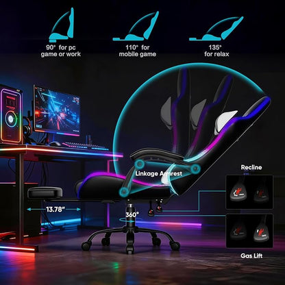 Czlolo Gaming Chair, 2026 Upgraded RGB LED Lights Computer Chair with Footrest, Lumbar Support Massager Gamer Chair, High Back, 90-135° Reclining, Linkage Armrests, White