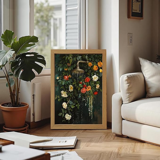 CXQILVER Vintage Framed Floral Bathroom Wall Art Canvas, Green Botanical Flowers Shower Wall Decor, Rustic Farmhouse Bathroom Decor Aesthetic Picture Artwork for Bedroom Living Room Guest Bath 16x24in