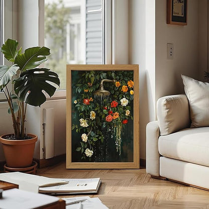 CXQILVER Vintage Framed Floral Bathroom Wall Art Canvas, Green Botanical Flowers Shower Wall Decor, Rustic Farmhouse Bathroom Decor Aesthetic Picture Artwork for Bedroom Living Room Guest Bath 16x24in