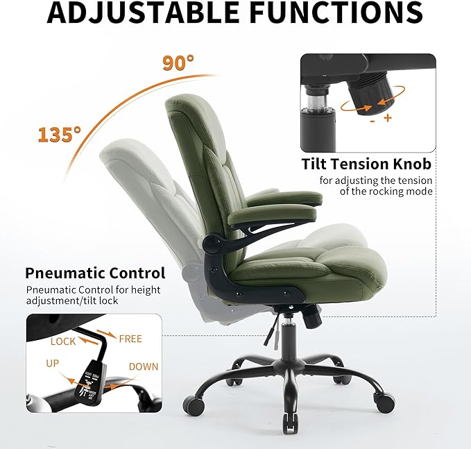 Home Office Ergonomic Desk Chair - Comfy Leather Executive Chair with Flip-Up Armrests, Height Adjustable Computer Chair for Gaming, 360° Swivel & Rocking (Green)