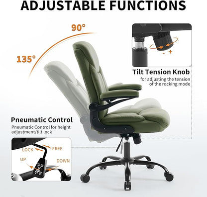 Home Office Ergonomic Desk Chair - Comfy Leather Executive Chair with Flip-Up Armrests, Height Adjustable Computer Chair for Gaming, 360° Swivel & Rocking (Green)