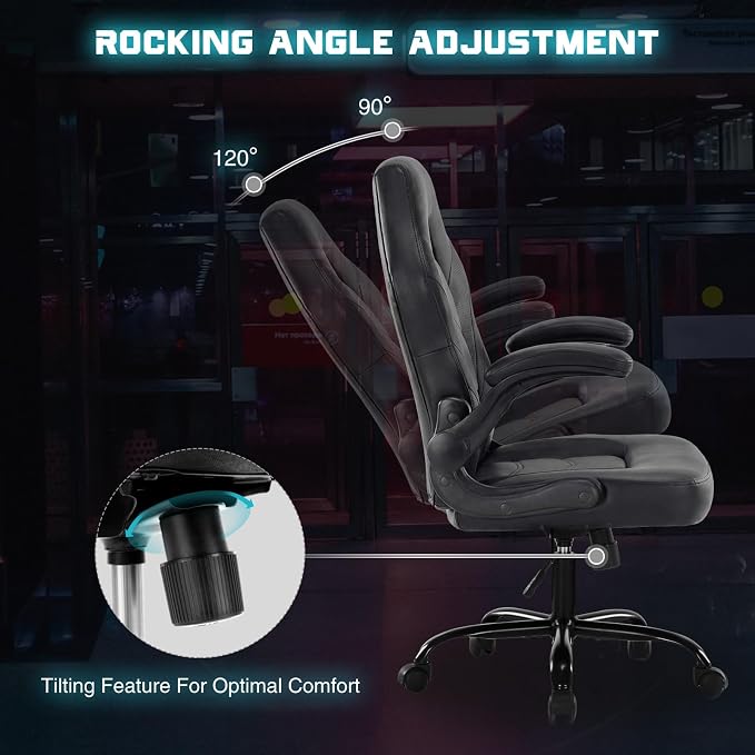 Sweetcrispy Computer Gaming Desk Chair: Big Tall Ergonomic Lumbar Support with Flip-up Armrest and 360° Swivel Wheels, PU Leather Height Adjustable, for Home and Office, Black