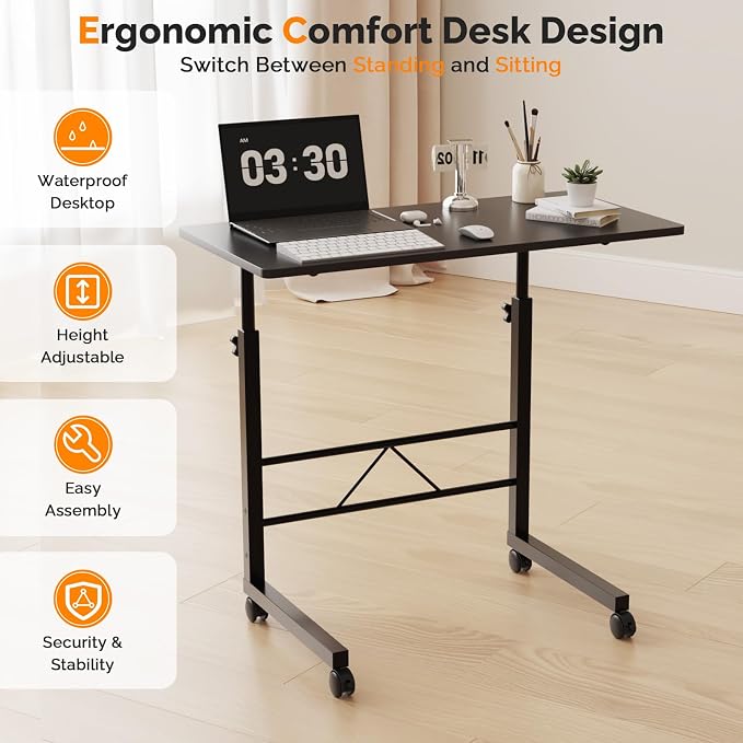 VINGLI Computer Workstation, Standing Desk Adjustable Height, Small Computer Desk w/Rolling, Sit Stand Laptop Desk TV Tray Computer Workstation for Bed Sofa Hospital Reading Eating, 31.5", Black
