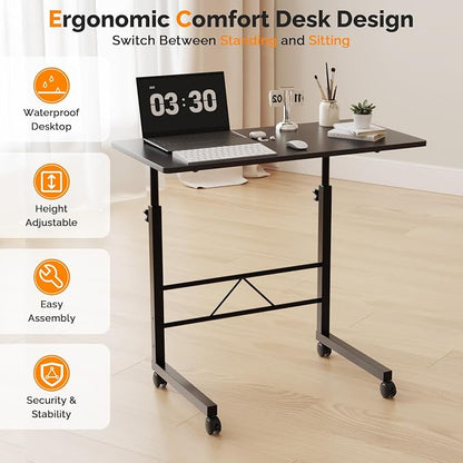 VINGLI Computer Workstation, Standing Desk Adjustable Height, Small Computer Desk w/Rolling, Sit Stand Laptop Desk TV Tray Computer Workstation for Bed Sofa Hospital Reading Eating, 31.5", Black