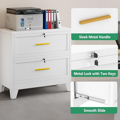 Metal Lateral File Cabinet with Lock,2 Drawer Steel Wide Filing Organization Storage Cabinets,Filing Cabinet for Legal/Letter/A4/F4 Size with Hanging Files&Key,Lockable Cabinet for Home Office,White