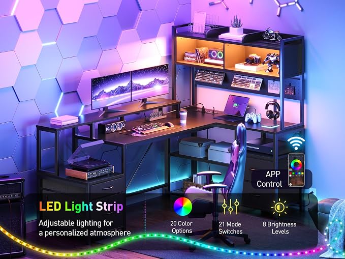 RALGEND 75" L Shaped Gaming Desk with Drawers, Computer Corner Desk with Storage Shelves for Home Office, Gaming Desk with Monitor Stand, Hutch, LED Light & Power Outlet, Black
