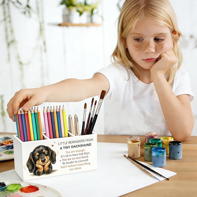 Positive Dachshund Pen Pencil Holder Desk Decor Gifts for Women | Cute Dachshund Inspirational Pen Pencil Wooden Organizer Office Desk Accessories Decor for Dorm Room Bedroom Tabletop