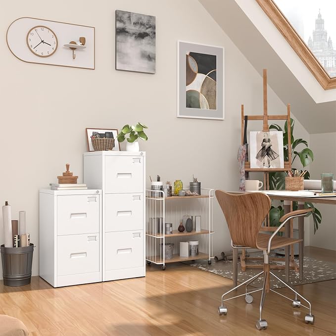 INTERGREAT 2 Drawer File Cabinet, White Metal Filing Cabinet with Lock, Lockable Vertical File Office Cabinet for Hanging Letters/Legal/A4, Assembly Required