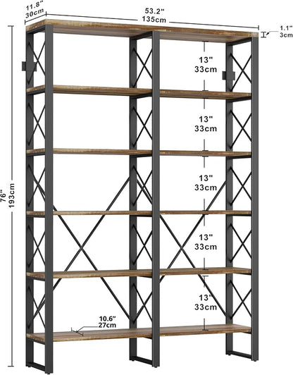 IRONCK Bookshelves Double Wide 6-Tier 76" H, Open Large Bookcase, Industrial Style Shelves for Home Office, Easy Assembly