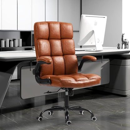 ECOTOUGE Executive Office Chair, PU Leather Ergonomic Comfy Desk Chair, High Back Computer Chair with Adjustable Tilt Angle and Flip-up Arms (Without Footrest Brown)