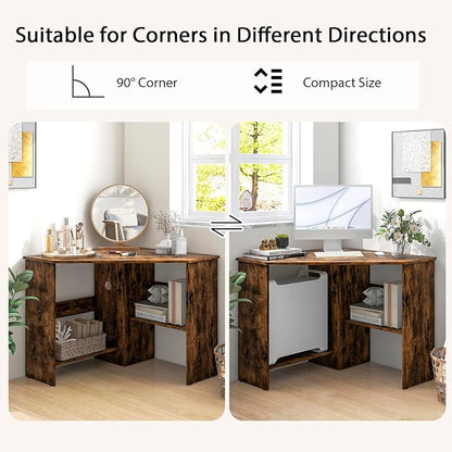 Tangkula Corner Desk, 90 Degrees Triangle Computer Desk for Small Space, Bedroom Makeup Vanity Desk with Storage Shelves & CPU Stand, Space Saving
