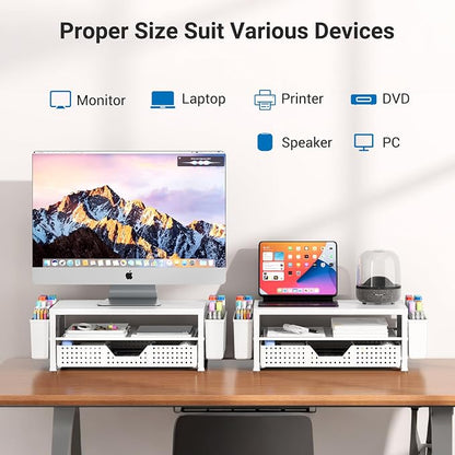 Wood Metal Monitor Stand Riser, Laptop Stand for Desk, Office Desk Organizer and Accessories, Computer Desktop Shelf with Drawer and Pen Holder, Printer Stand for Home, Office, Dorm (White Wood)