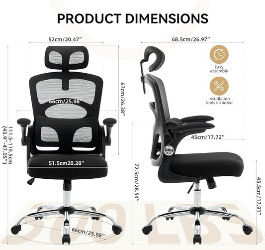 Office Chair Ergonomic Desk Chair - Home Mesh Office Desk Chair with Wheels, High-Back Computer Gaming Chair with Adjustable Headrest, Rolling Swivel Task Chairs for Home, Office, Gaming Room, Black