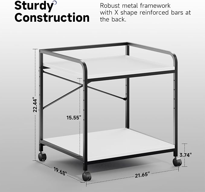 Printer Stand, 22''W X 20''D X 22.4''H 2 Tier Under Desk Printer Stand, 3D Large Printer Table with Height Adjustable Shelf, Rolling Printer Cart with Wheels for Home Office Organization, White