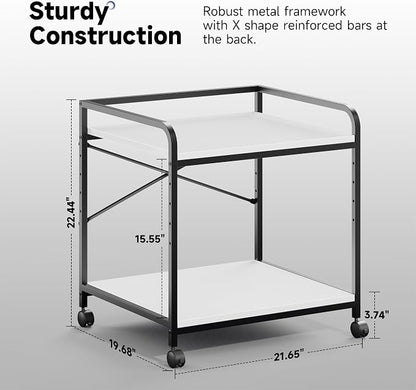 Printer Stand, 22''W X 20''D X 22.4''H 2 Tier Under Desk Printer Stand, 3D Large Printer Table with Height Adjustable Shelf, Rolling Printer Cart with Wheels for Home Office Organization, White