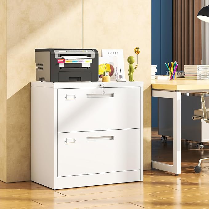 Metal Lateral 2 Drawer File Cabinet with Lock, Wide Filing Cabinet for Letter/Legal/F4/A4 Hanging Files, Storage Cabinet for Home Office School, White