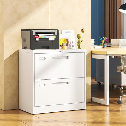 Metal Lateral 2 Drawer File Cabinet with Lock, Wide Filing Cabinet for Letter/Legal/F4/A4 Hanging Files, Storage Cabinet for Home Office School, White