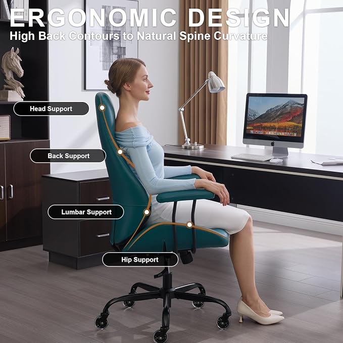 Office Chair with Rubber Wheels, Ergonomic Computer Chair 500 lbs, Leather Desk Chair with Lumbar Support, Executive Chair Adjustable Height & Recline, Green | Ergonomic, Lumbar Support, 360° Swivel & Rolling Wheels, Adjustable Height, for Adults & Women