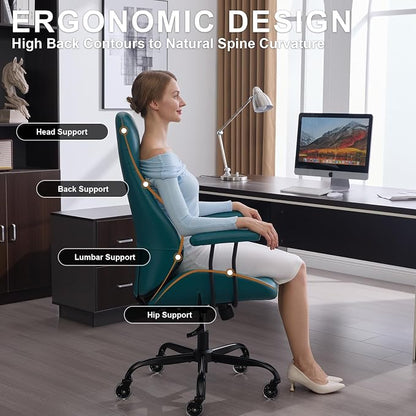 Office Chair with Rubber Wheels, Ergonomic Computer Chair 500 lbs, Leather Desk Chair with Lumbar Support, Executive Chair Adjustable Height & Recline, Green | Ergonomic, Lumbar Support, 360° Swivel & Rolling Wheels, Adjustable Height, for Adults & Women