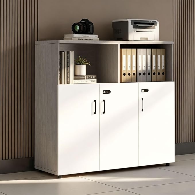 File Cabinet with Password Lock, Wood Lateral Filing Cabinet for Letter/A4 Files, 3 Drawer with Door, Printer Stand with Open Shelves for Home Office