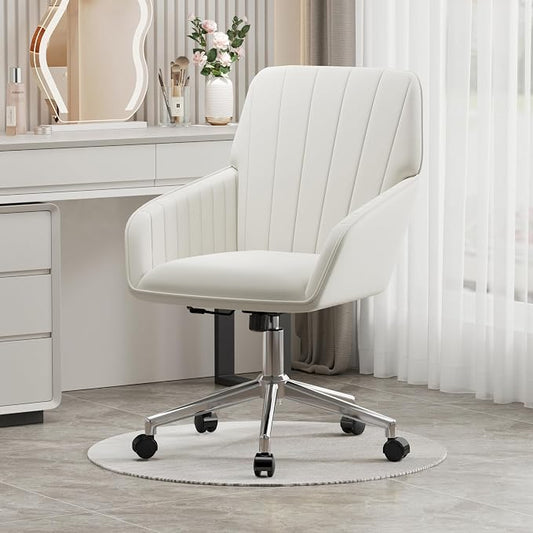 YISHENG Velvet Office Desk Chair with Silver Base, with Wheels,Modern Height Adjustable 360 Degree Swivel Upholstered Vanity Chairs with Arms for Living Room Bedroom,Cream