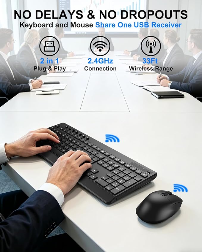 EDJO Wireless Keyboard and Mouse Combo, Silent Full-Sized 2.4GHz Wireless Keyboard and Adjustable DPI Mouse with USB Receiver, Auto-Sleep, for Laptop, Computer, PC