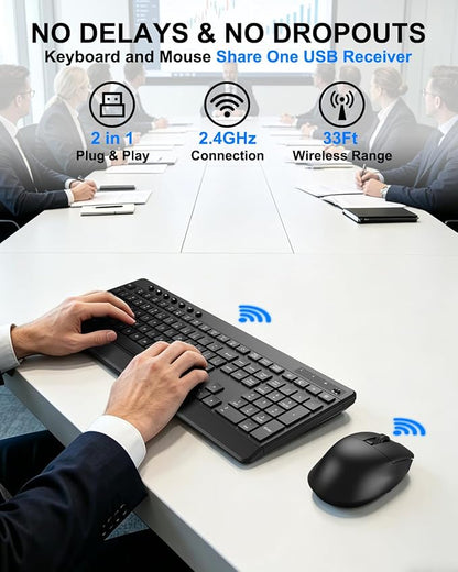 EDJO Wireless Keyboard and Mouse Combo, Silent Full-Sized 2.4GHz Wireless Keyboard and Adjustable DPI Mouse with USB Receiver, Auto-Sleep, for Laptop, Computer, PC