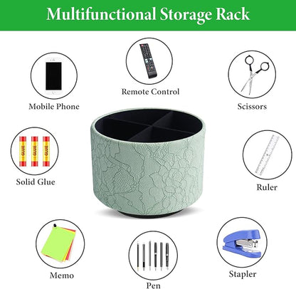 Round Leather Art Supply Organizer,Remote Control Holder,360 Degree Spinning,Multi-Functional Pencil Holder,4 Compartments Desktop Stationary Organizer(1-Lace Flower Green1)