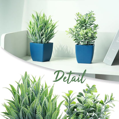 summer flower 2 Pack Fake Plants in Pot Small Artificial Eucalyptus Potted Plant Faux Rosemary in Pot Greenery for Home Decor Indoor Office Shelf Table Desk Bathroom Decoration (Blue-2)