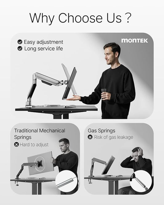 monTEK Deluxe Monitor Arm for 17 to 40 Inch Curved Screens with Cable Management Aluminum Fully Adjustable Single Monitor Arm with Clamp/Grommet, Quick Release Plate,75x75/100x100 VESA