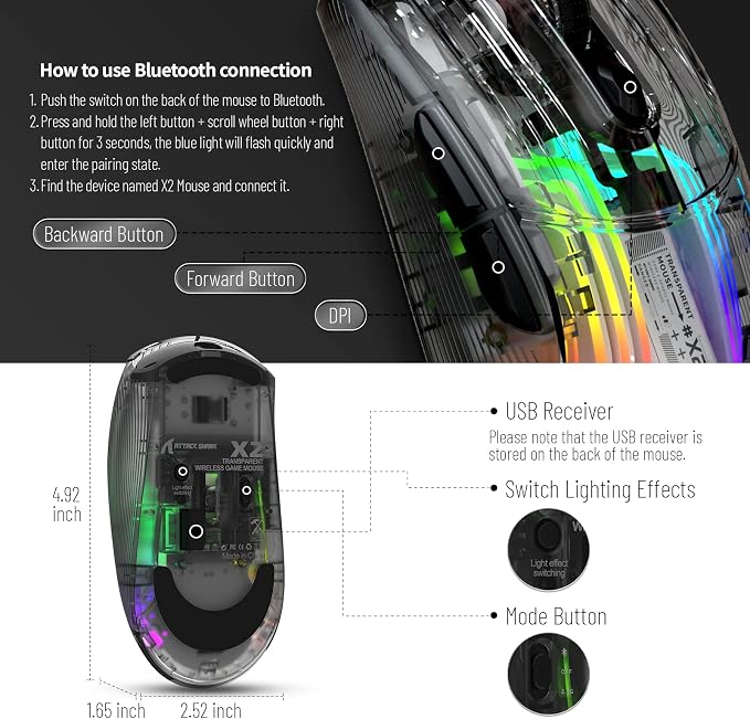 Wireless Gaming Mouse PC Transparent Shell Computer Mice with Dual Mode BT5.0/2.4G,PixArt Chip 3D RGB Lighting,Ergonomic 7 Buttons,Rechargeable Mute Mouse for PC Laptop Tablet PS4 PS5 Xbox one