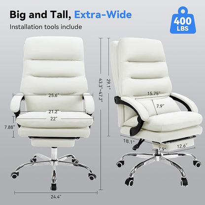 Holiwei Office Chair with Footrest, Big and Tall 400lbs Executive Desk Chair with Thickened Lumbar Support Pillow, High Back PU Leather Reclining Computer Chair, Ergonomic Swivel Task Chair, White