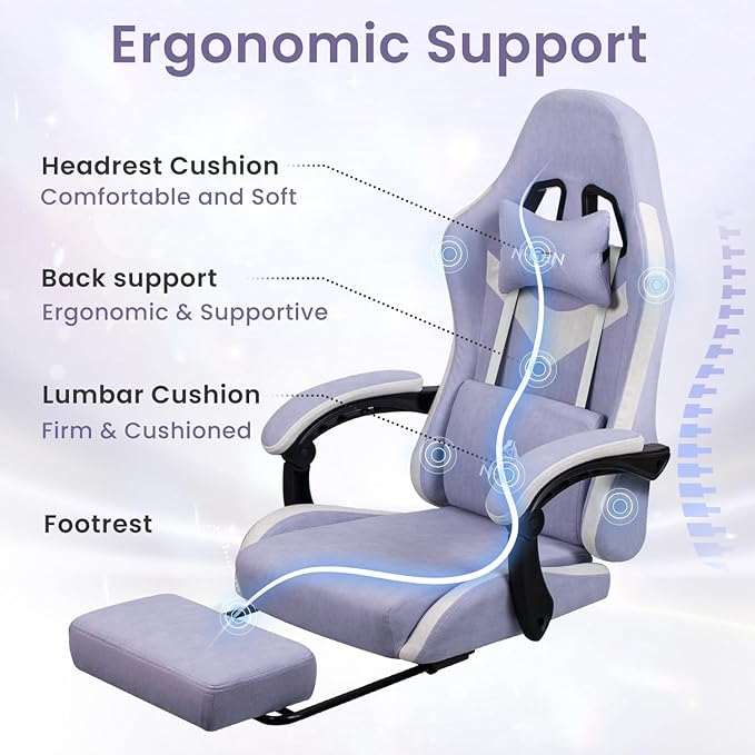 N-GEN GAMING Gaming Chair Video Game Computer Office Desk Use Ergonomic Reclining Backrest Adjustable Armrests Lumbar Support Footrest High Density Foam Breathable Fabric Heavy Duty Base (Purple)